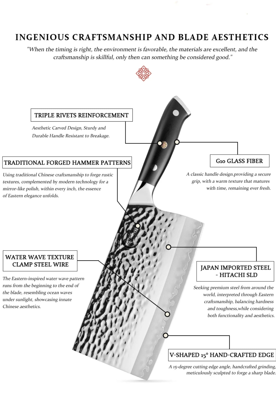 7.4" Japanese Hitachi SLD Steel (JIS SKD11) Cleaver Knives with G10 Black glass fiber handle.